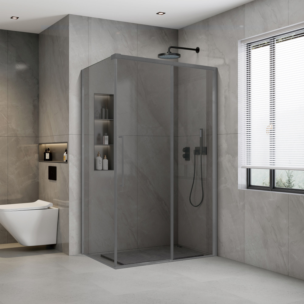 Soft Close Deluxe hoek- en nisopstelling Gun Metal Light Smoked Glass 100-160cm